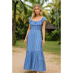 NEW Oliphant Maxi Dress Off Shoulder Sz Large Blue Floral Boho Sundress Party